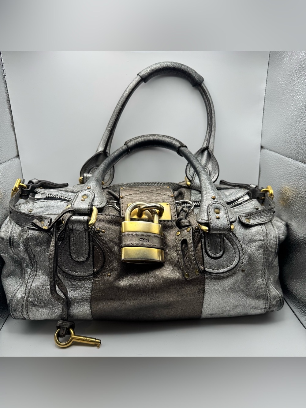 Chloe Paddington Rare Metallic Silver Leather Satchel with Gold hardware